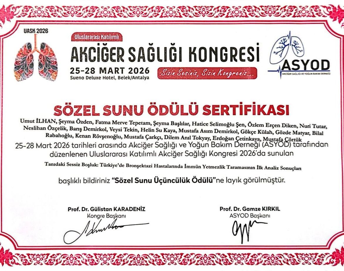 UASK 2026 3rd Place Oral Presentation Award Certificate Dr. Umut İlhan ASYOD